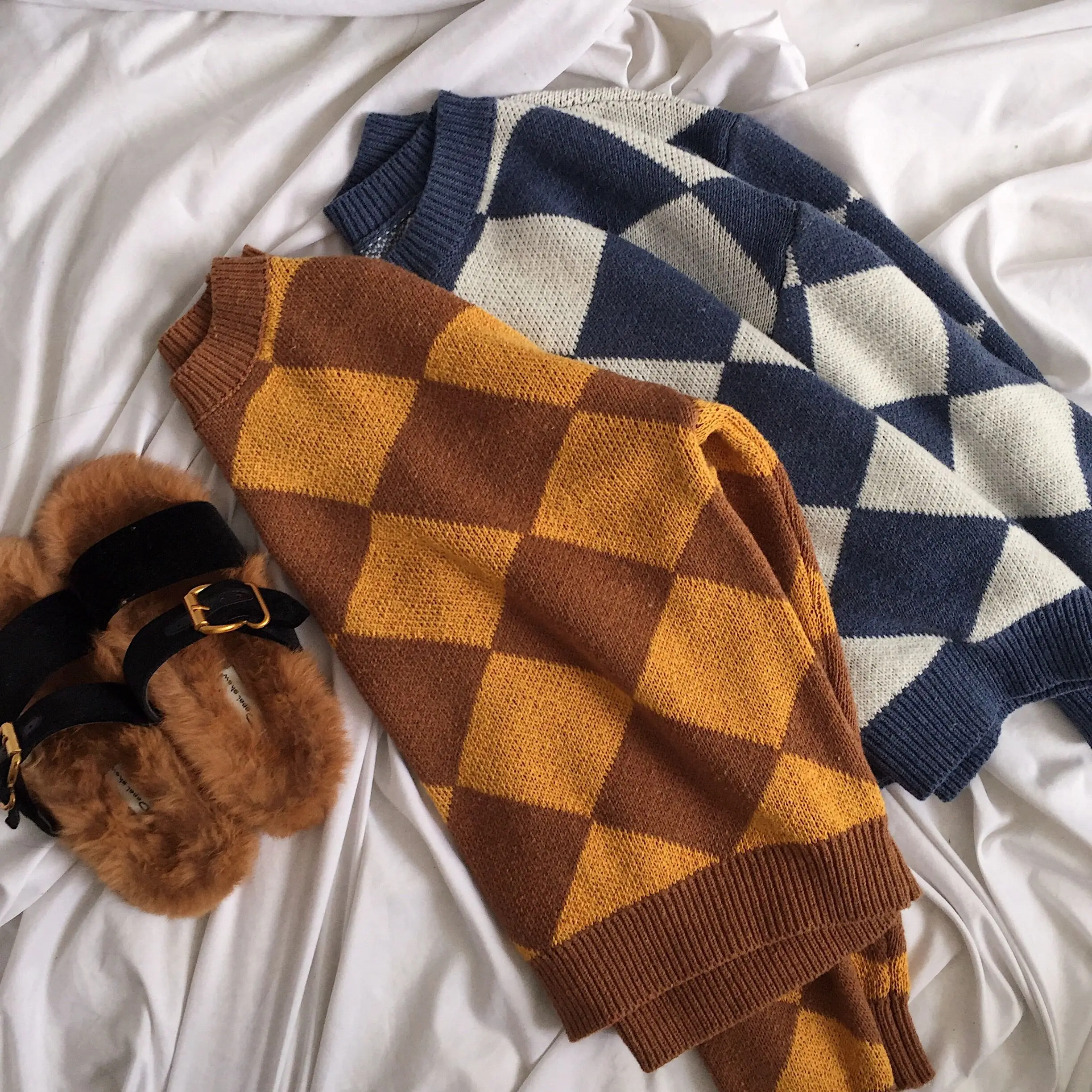 Autumn Women Sweaters 2019 High Streetwear O-neck Loose Korean Chic Pullovers Female Cashmere Plaid Crocheted Knitted Jumpers | Женская