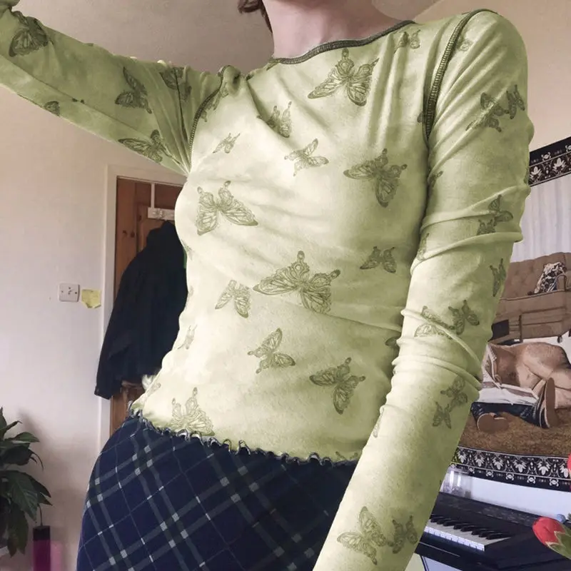 

Женская футболка с длинным рукавом, принтом бабочки и принтом