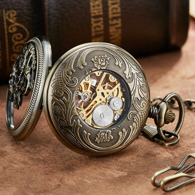 Vintage Dragon Mechanical Pocket Watch Skeleton Laser Engraved Case Bronze Fob Chain Clock for Men Women Collection Dropshipping