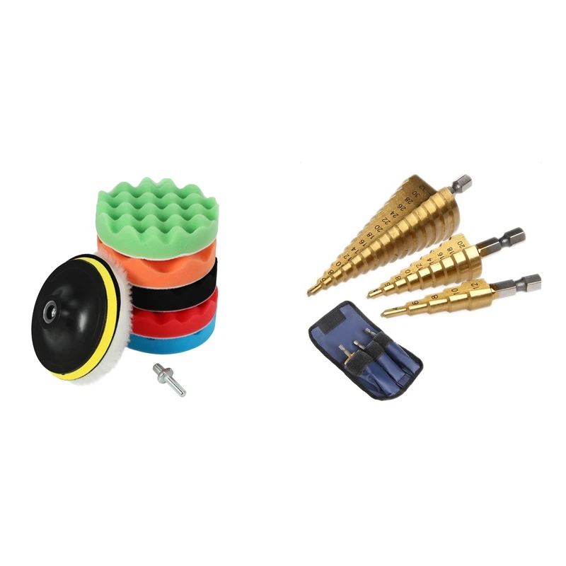 

8Pcs Car Sponge Polishing Pad Set 5 Inch Buffing Waxing Pad with 3Pcs Hss Step Cone Taper Drill Bit Set