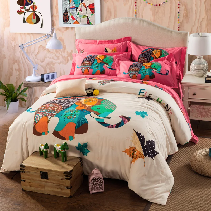 

2021 Home Textiles Elephant 100% Thick Cotton Bedding Set King Queen Size, Bed Linen Bed Set Sheet 4pcs Duvet Pillowcase Cover