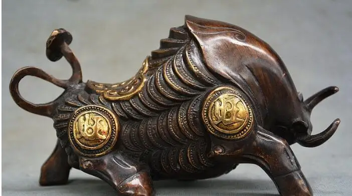 Медная сатуэ сборная старая китайская Бронзовая статуя бык оксен богатство