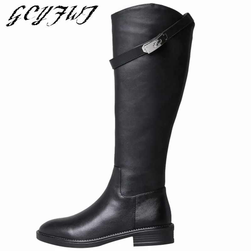 

Women's Knee High Boots Zipper-Sid Buckle Strap Metal Decoration Platform Women Shoes Solid Color Round Toe Sexy Botas De Mujer