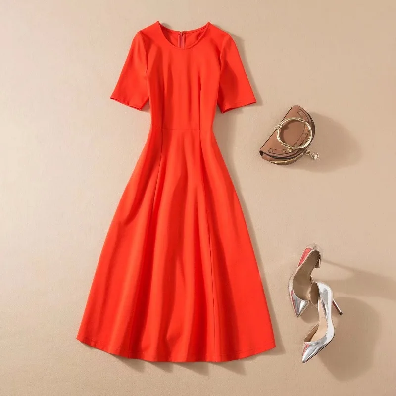 High Quality Cotton Dress 2022 Spring Summer Princess Women O-Neck Short Sleeve Mid-Calf Length Large Swing Casual Orange Dress