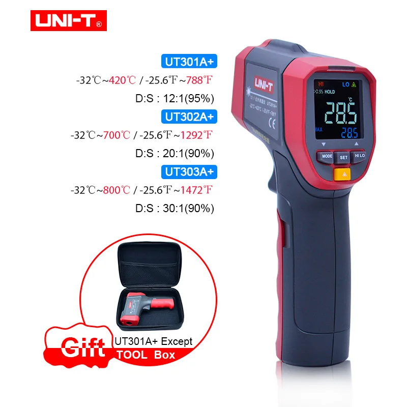 

UNI-T UT301A+/302A+/303A+ Infrared Thermometer high-definition EBTN color screen adjustable emissivity Alarm function -32~800C