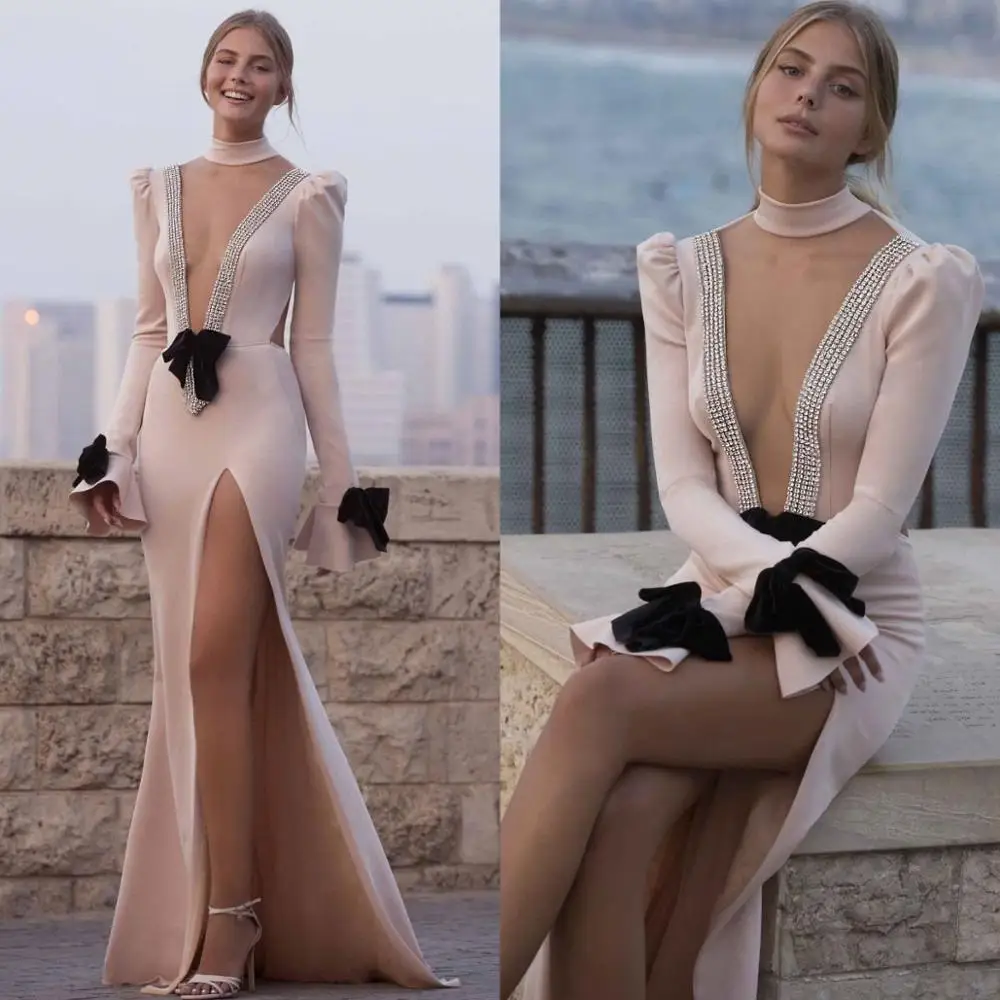 

Nude Evening Dress Beaded Satin Long Sleeve Mermaid Prom Dresses Vestidos De Fiesta Customize High Split Formal Celebrity Gowns