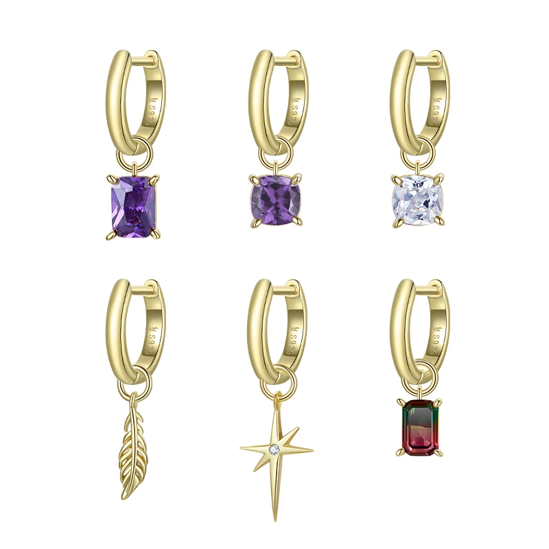 

bamoer 1PC Drop Earrings for Women 925 Sterling Silver Bright Star Purple CZ Earring with Charms Gold Color Jewelry SCE1093