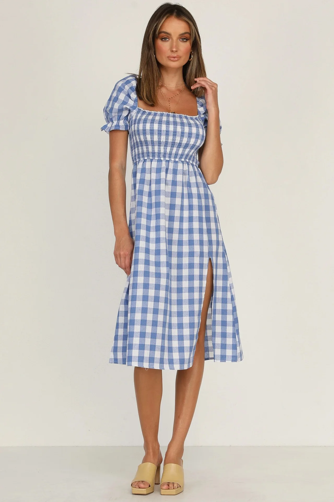 

Donsignet Fashion Women's Dress New Summer Casual Square Neck Pullover Plaid Print Waist Ruffled Split Short-sleeved Dress