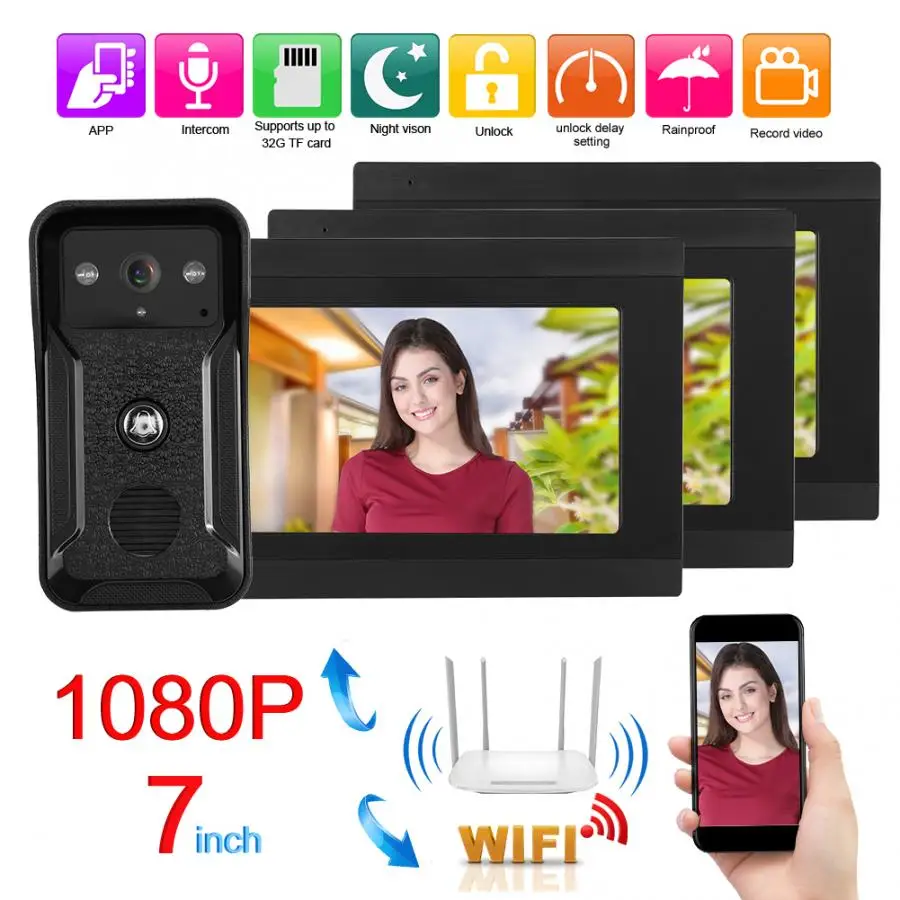 Проводной дверной звонок с Wi Fi 3 Монитора 1080P HD 100 240 В|Видеодомофон| |