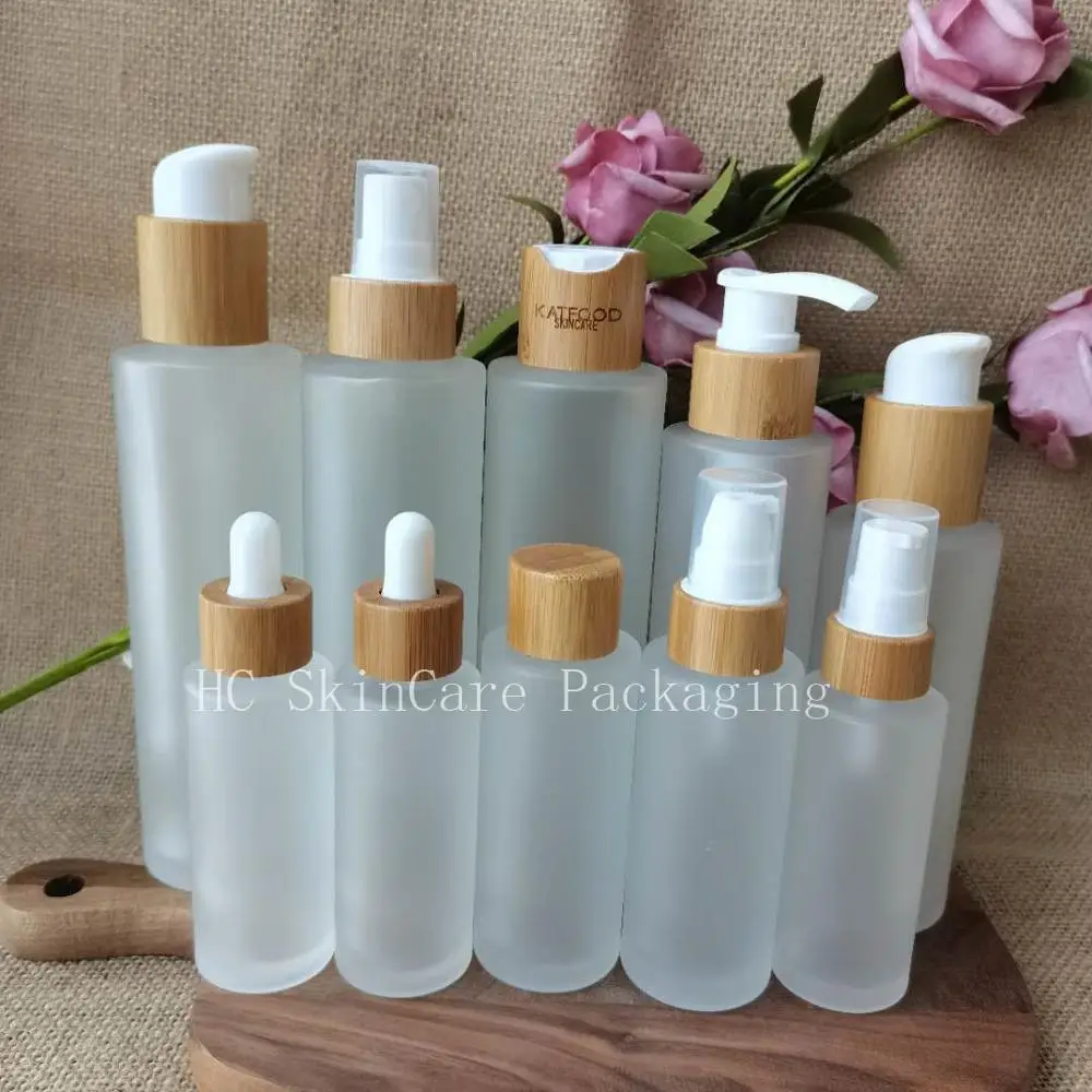 Beauty 30/50/100/120/150 ML Empty Glass Bottle Bamboo Lid Flat Shoulder Frosted Clear Lotion Bottle Skin Care Refillable Bottles