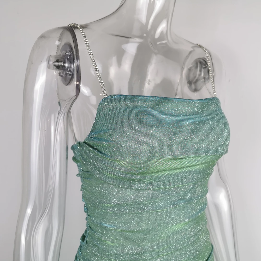 

Fyrneh Diamond Chain Spaghetti Strap Slash Neck Stretch Glitter Mini Dress Women Clubwear Summer Backless Bodycon Party Dress