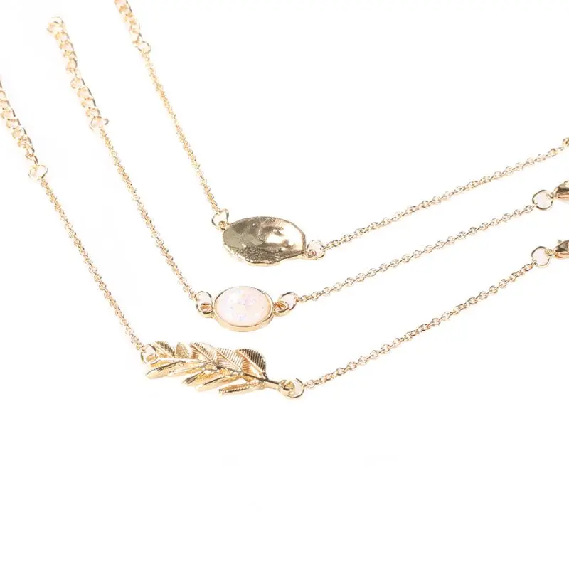 

3Pcs Fashion Bracelet Sets Vintage Golden Chain Imitation Opal Stone Leaves Round Discs Charm Bracelets Kit for Women