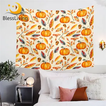 BlessLiving Pumpkins Tapestry Golden Leaves Wall Hanging Fall Autumn Bedroom Decor Mushrooms Tapisserie Watercolor Wall Carpet 1