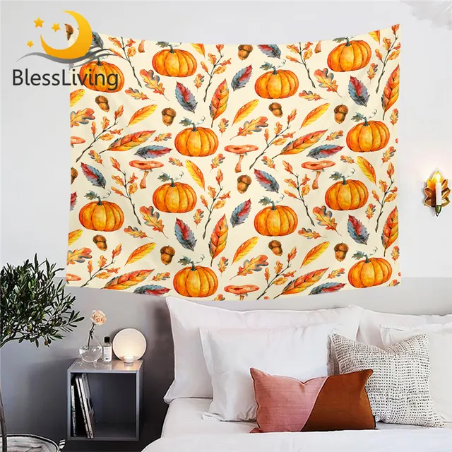 BlessLiving Pumpkins Tapestry Golden Leaves Wall Hanging Fall Autumn Bedroom Decor Mushrooms Tapisserie Watercolor Wall Carpet 1