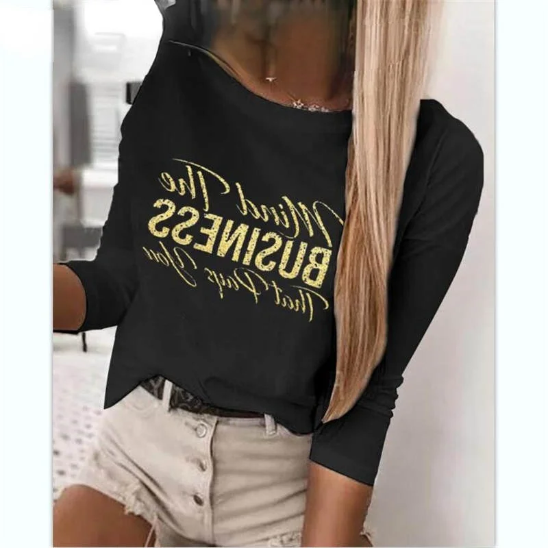 

Casual Tee Autumn Pre-Fall Top For Women 2021 Letter Print Round Neck Long Sleeve T-shirt