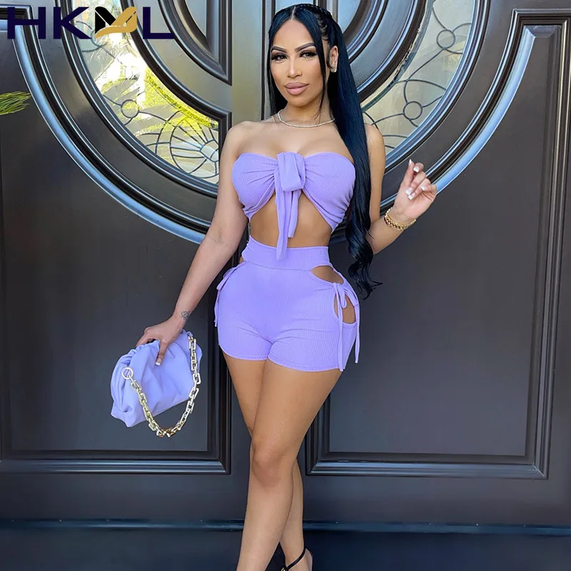 

2021 Summer Women Set Solid Color Ribbed Knitted Crop Top Cutout Shorts Two Piece Outfits Clubwear
