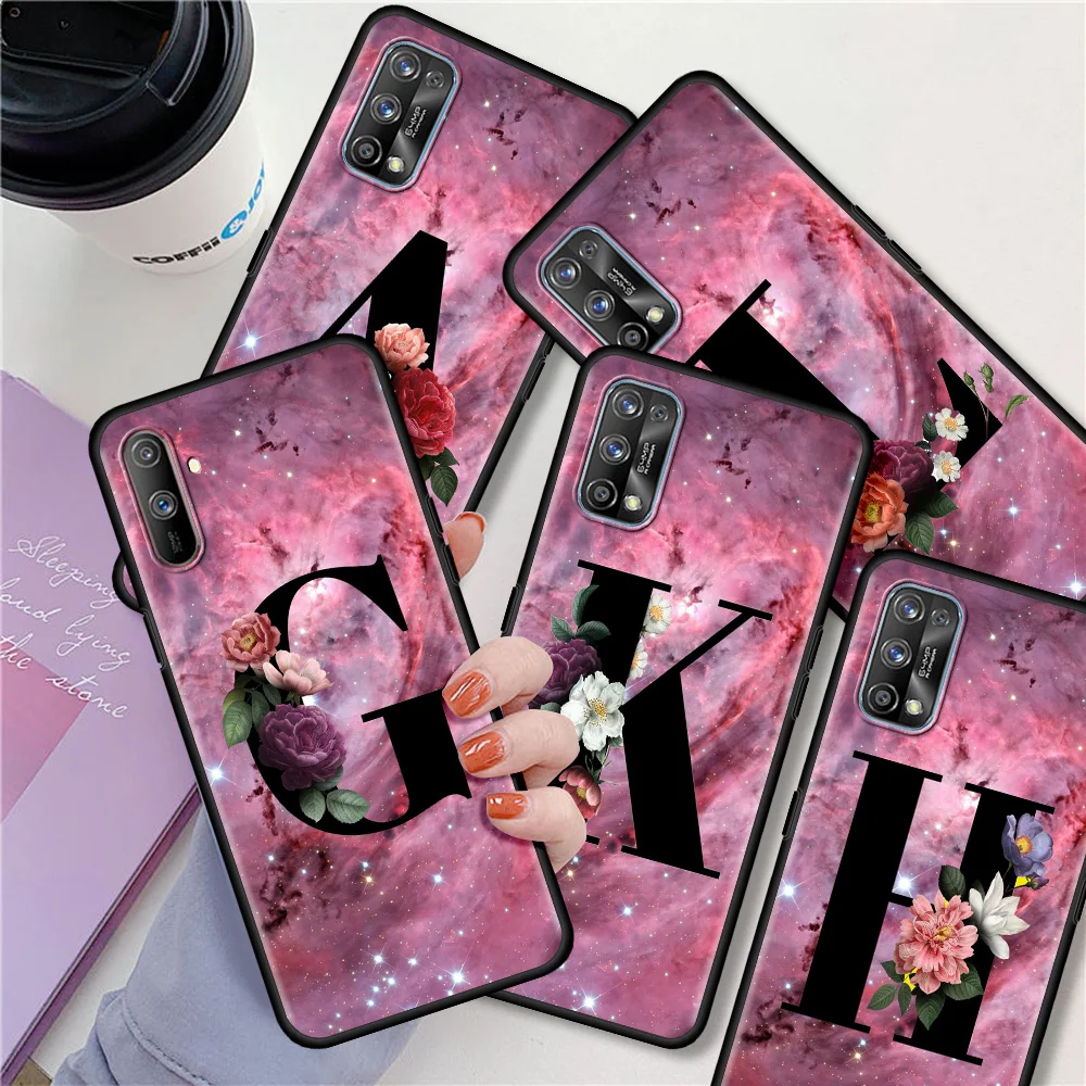 

Luxury Phone Case For Realme 6 7 8 Pro C21 C3 XT 5 X50 C20 GT Neo C25 C11 Shockproof Black Soft Back Cover Letter B Flowers Pink