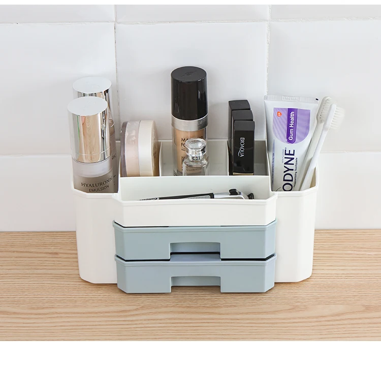 Plastic Makeup Organizer Make Up Brush Storage box with Drawer Cotton Swabs Stick case escritori Pink Blue Green | Дом и сад