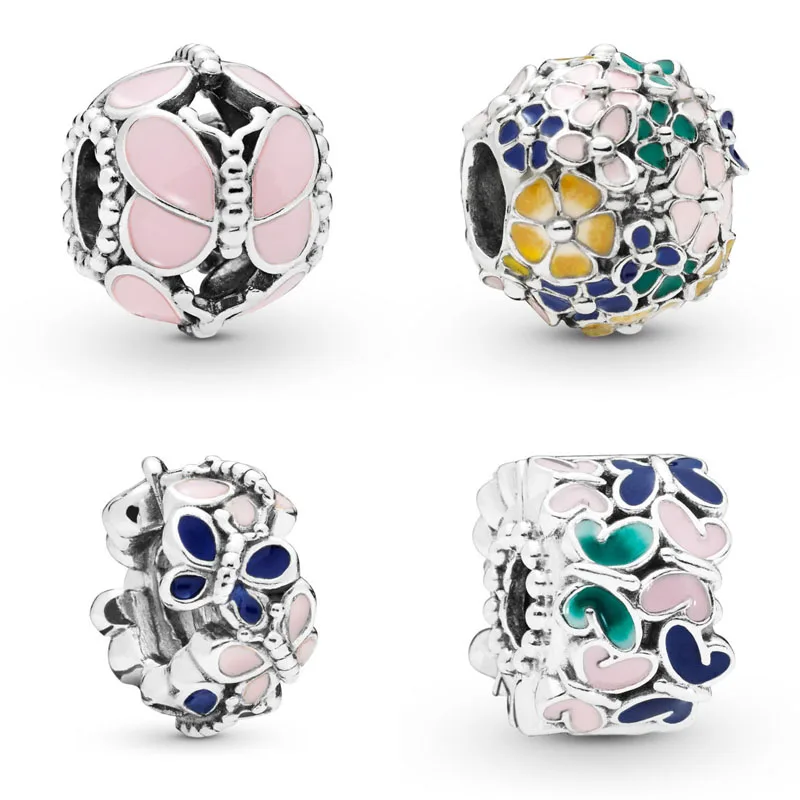 2020 Настоящее серебро 925 пробы зажим для композиции с розовой бабочкой подходящий