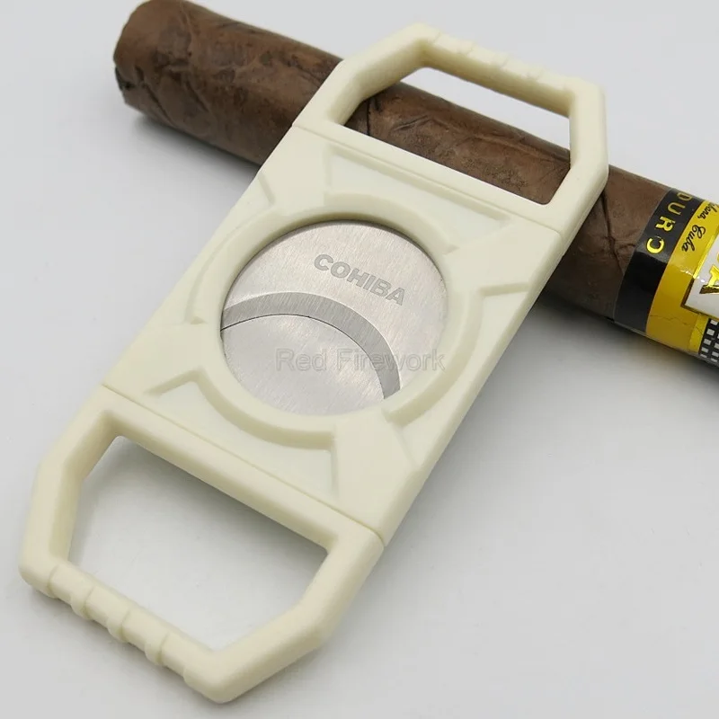 Белый COHIBA большое кольцо датчик сигары резак из нержавеющей стали сигары Гладкие двойные металлические острые лезвия табака резка карманный портативный - Цвет: Белый