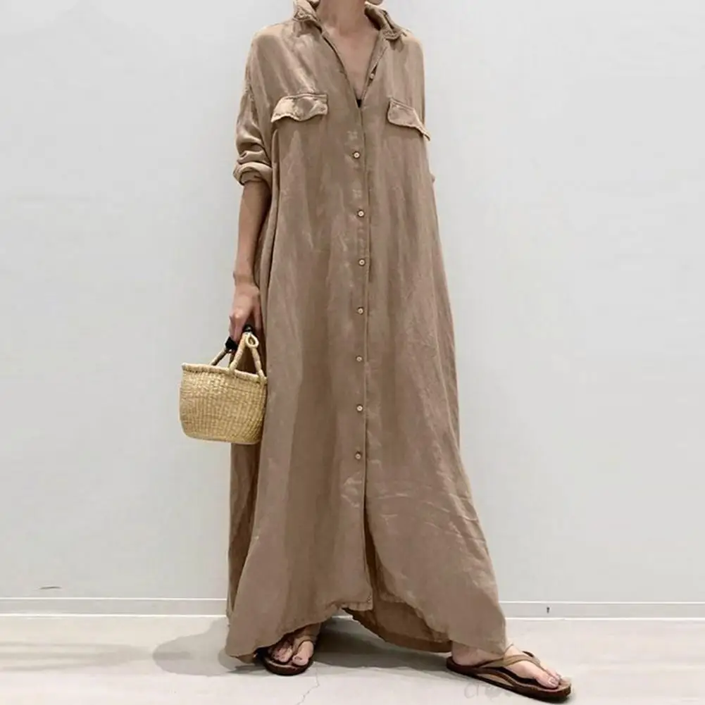 

2021 Autumn Long Maxi Dresses Women Button Down Shirt Dress Split Vestido Robe Vintag Long Sleeve Cotton Dress Oversized