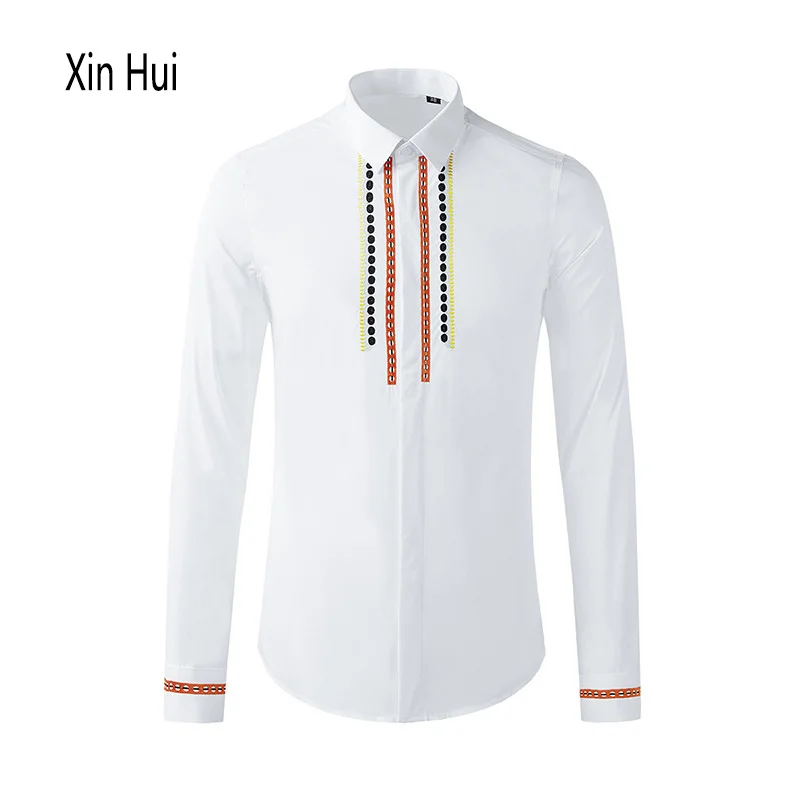 

2021 Men's White Shirt Dinner Party Retro Flower Color Embroidered Men's Fashion Shirt New High-end Business Fashion Slim Shirt