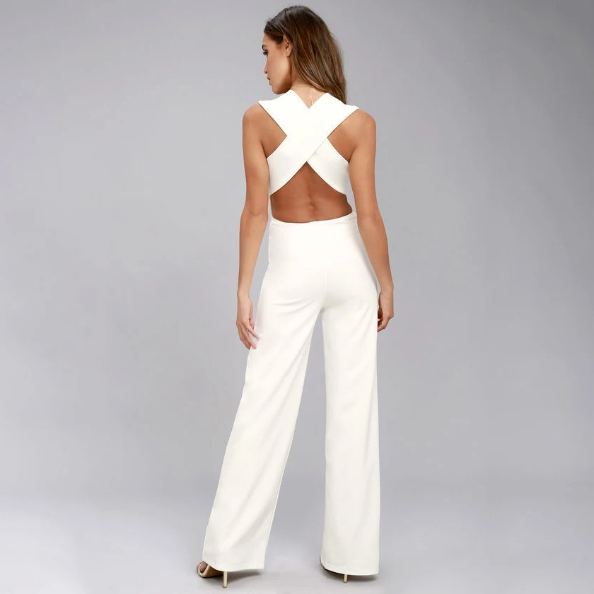 Women Sexy White Jumpsuits Slim Wide Leg Backless Cross Deep V Neck Sleeveless Solid Bodysuits Overall Drop Shipping 2021 |