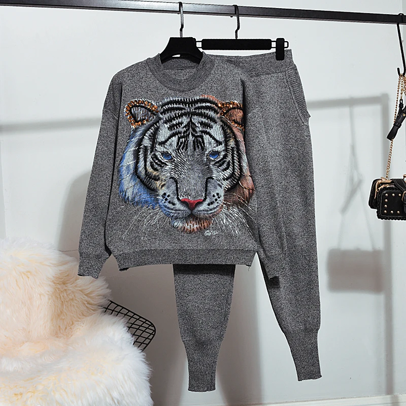 

Black White Gray Knit Tracksuits Women Set Loose Casual Beading Sequins Tiger Pullover Sweater Pencil Pants 2pc Outfits Female