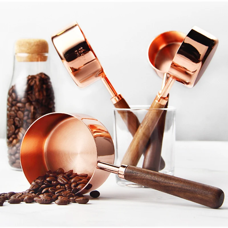 

8pcs Walnut Wooden Handle Stainless Steel Measuring Cups Spoons Plated Copper Rose Gold Kitchen Baking Measuring Spoon Set