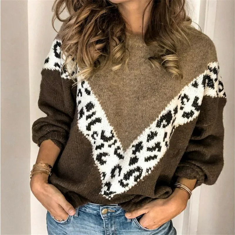 

Female Leopard Stitching Color Sweaters New Fashion Long Sleeves Casual O-neck Loose Tops Wear Ladies Autumn Winter Sweater Hot