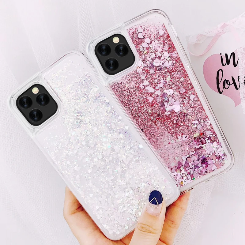 Блестящий чехол для телефона с сердечками для iphone 11 X XR XS MAX, жидкий зыбучий песок, чехол для iphone 5 5S se, 6 S, 6, 7, 8 Plus, Блестящие Блестки