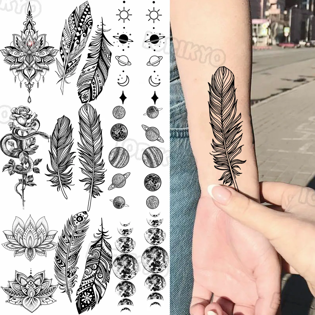 

Black Feather Temporary Tattoos For Women Girls Realistic Snake Rose Flower Henna Planet Fake Tattoo Sticker Forearm Tatoos Ear
