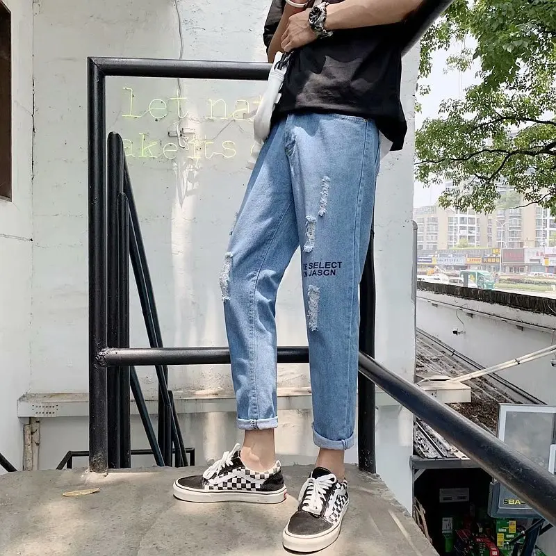 

Fashion 2020 Ripped Hole jeans men's hip hop light blue light loose loose summer ankle length pants men's Korean Ripped jeans