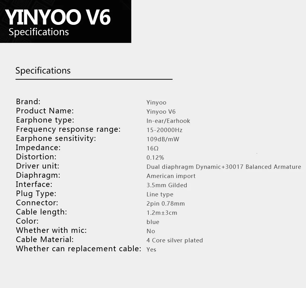 Yinyoo V6 2BA+ 1DD гибридные наушники в ухо ноулс BA драйвер HIFI DJ монитор наушники ушные наушники гарнитура с 2PIN съемный кабель V2