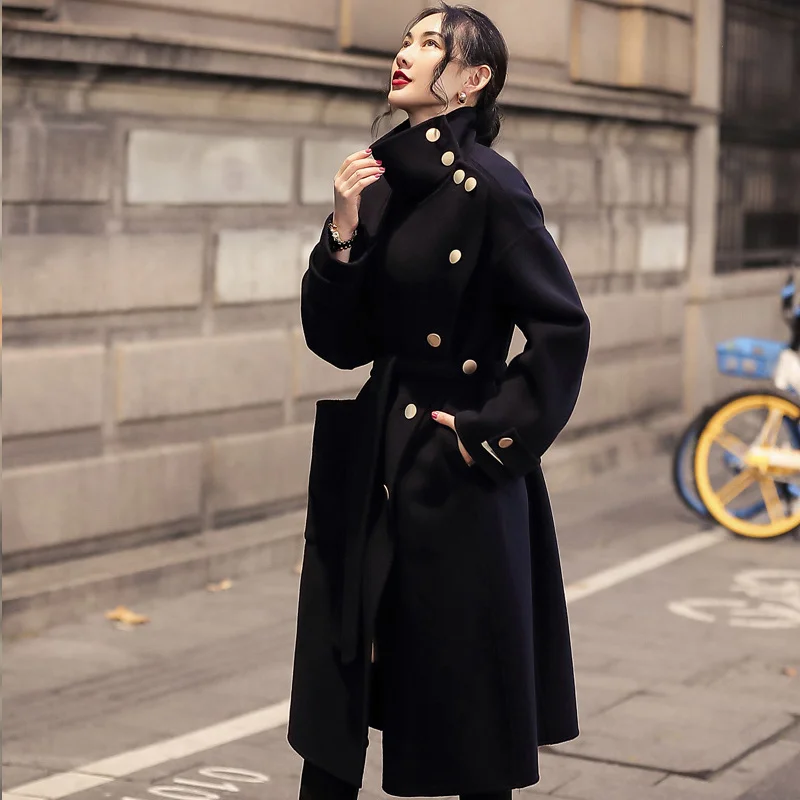 

Женская шерстяная куртка, длинное черное свободное двухстороннее кашемировое пальто из 2021-ной шерсти, толстое пальто с длинным рукавом, зим...