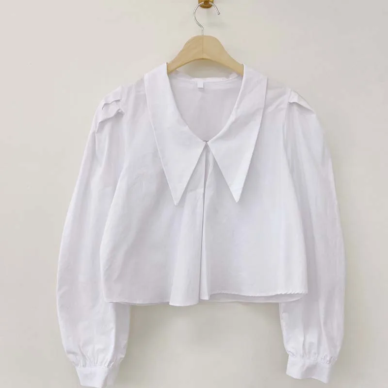 

Japanese Sweet Peter Pan Collar Women Blouse French Retro Long Puff Sleeve Office Ladies Shirt 2021 Spring Korean Chic Clothing