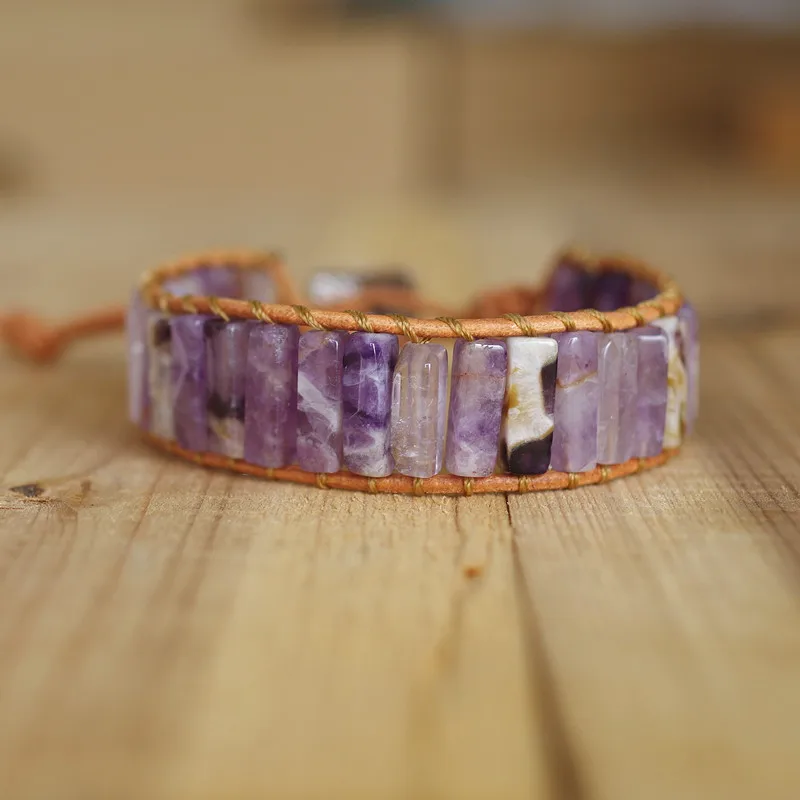 Женский кожаный браслет и в богемном стиле с фиолетовыми кристаллами|Браслеты