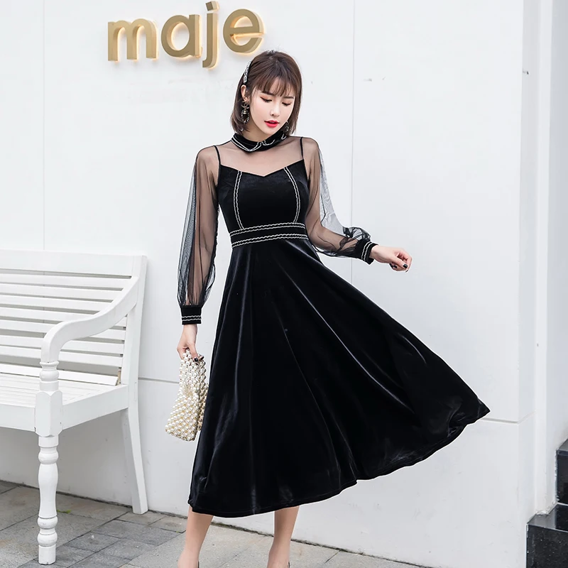 2019 Новое Осеннее женское платье с длинными рукавами в стиле пэчворк сетки