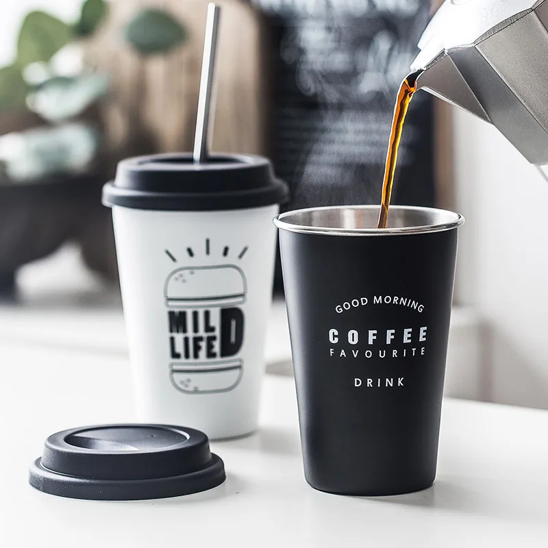 

Coffee Mug Black White Stainless Steel Cup With Silicone Lid Non-slip Anti-scalding Home Office School Drinking Beer Water Mugs