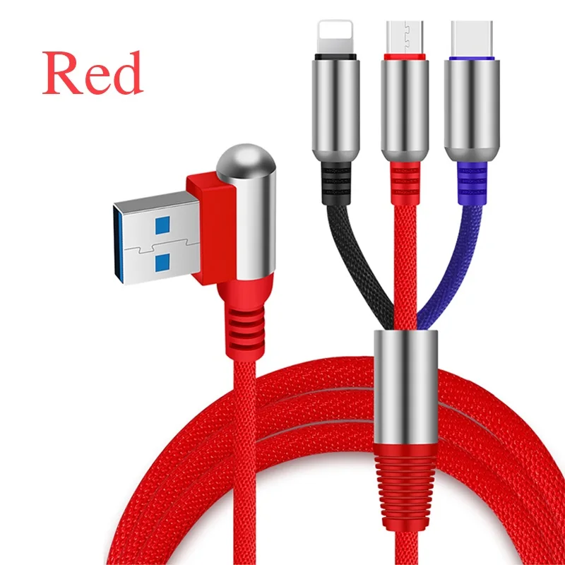 NOHON 3 в 1 пуля USB кабель для зарядки мобильного телефона type-C Micro USB 90 градусов 2.4A USB зарядное устройство Шнур для iPhone 11 Pro Max - Цвет: Красный