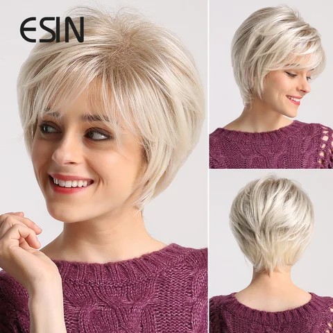 ESIN синтетические парики натуральные короткие коричневые волосы натуральный ежедневный использование парик с челкой волнистые женские парики для белых и черных женщин