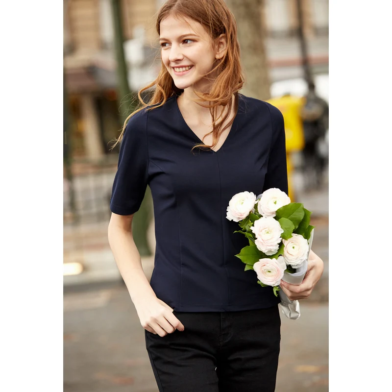 Amii весенне летние женские футболки с v образным вырезом повседневные однотонные