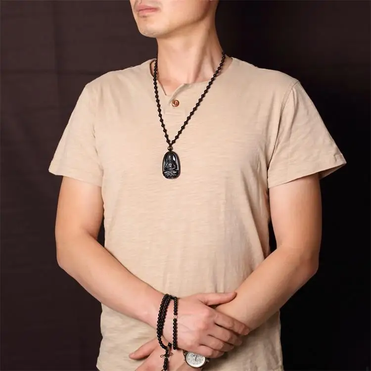 Ожерелье с подвеской в виде амулета из натурального обсидиана | Украшения и