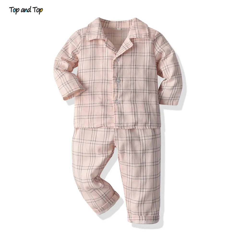 Conjunto de pijamas de manga larga para niños y niñas, ropa de dormir a cuadros con Top y pantalón, para Otoño e Invierno