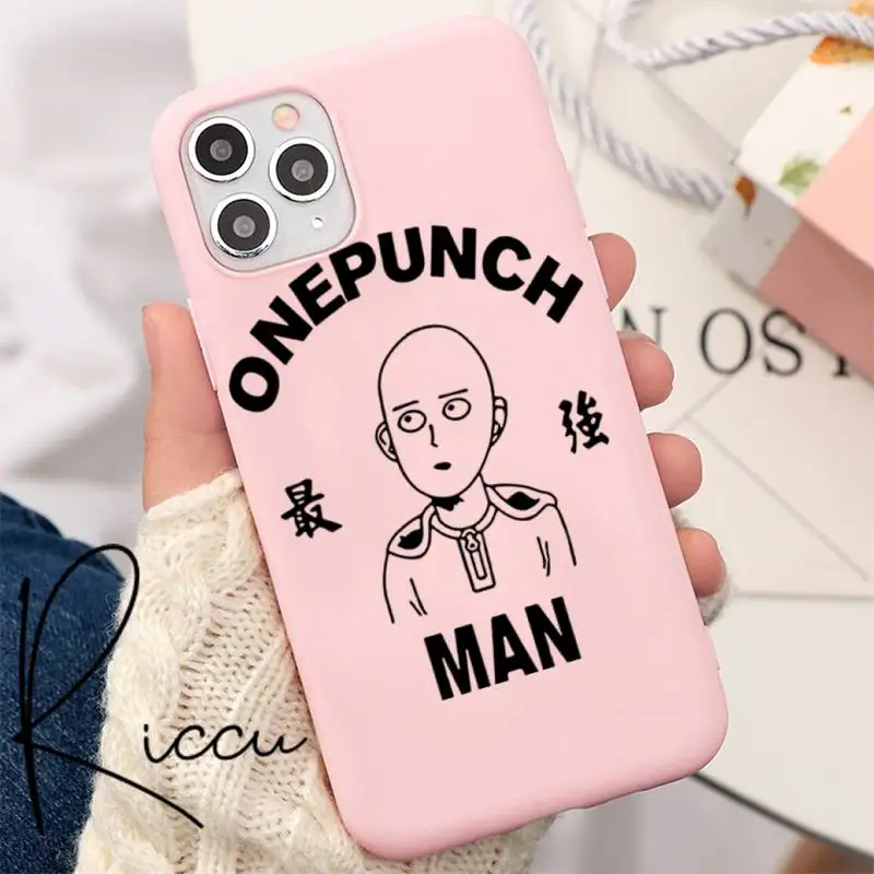 

one punch-man Phone Case for iPhone 8 7 6 6S Plus X 5S SE 2020 XR 11 12 Pro mini pro XS MAX Matte Candy Pink Silicone Cases