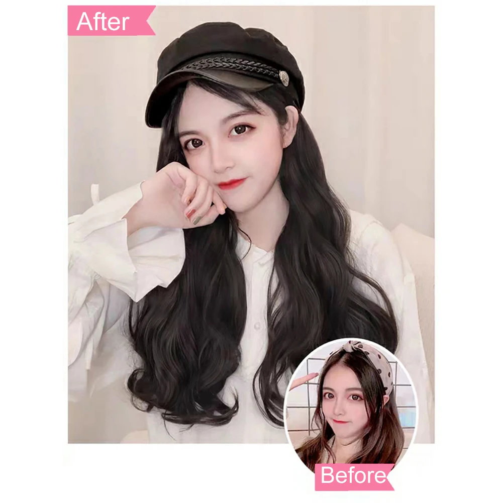 Women Long Wave Straight Wig Hairpiece Hair Extension with Peaked Cap Hat Multicolor Naturally Connect Hat Wig Adjustable