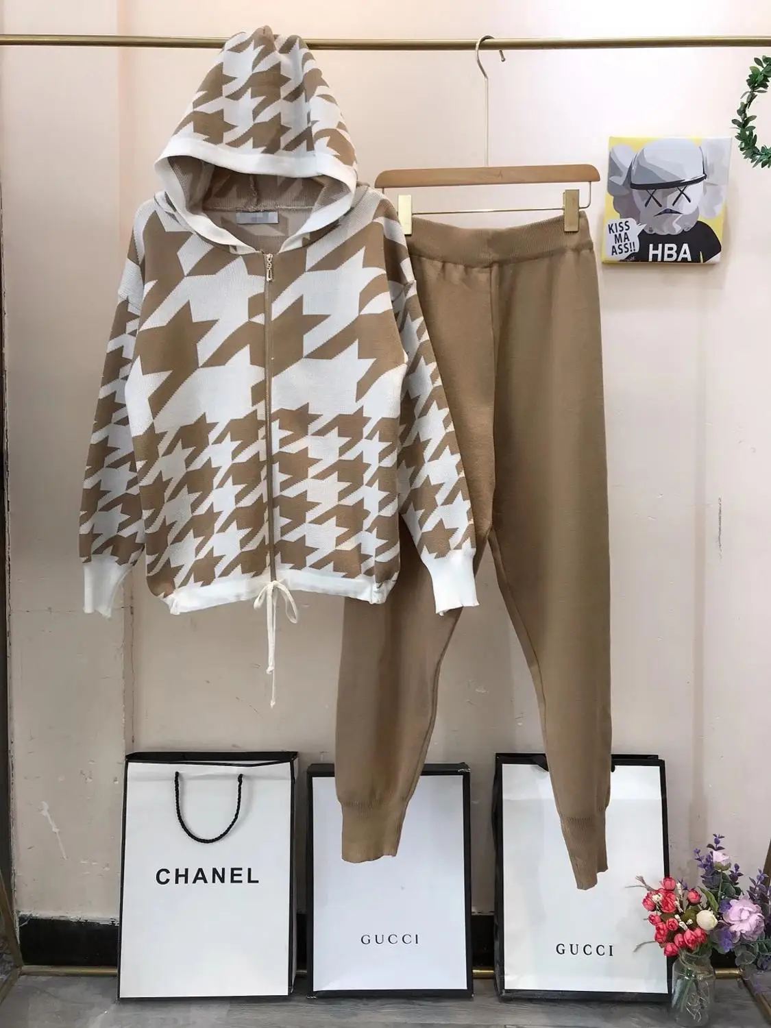 ALPHALMODA новый стиль клетчатый свитер с капюшоном куртка + брюки женские зимние 2 шт.