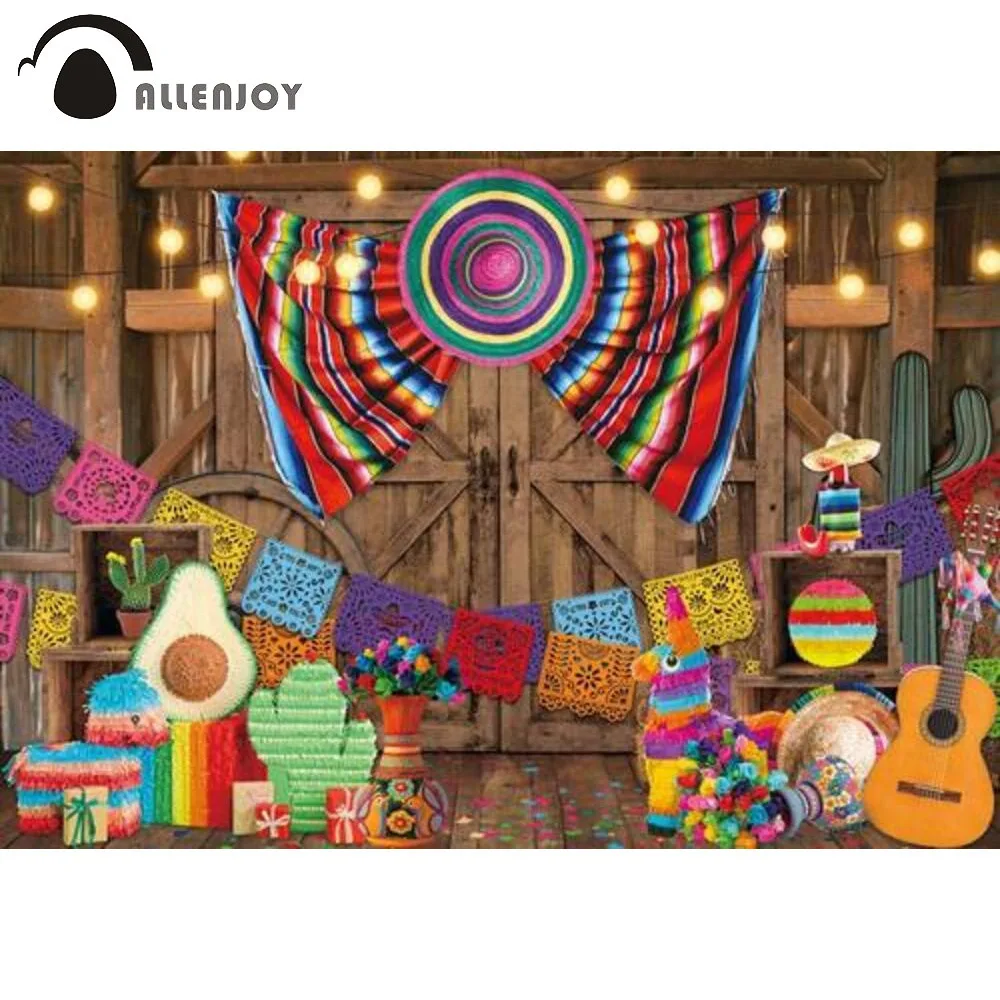 

Allenjoy Fiesta Backdrop Colorful Stripes Mexican Wood Barn Door Cinco De Mayo Party Photography Background Photo Booth Supplies