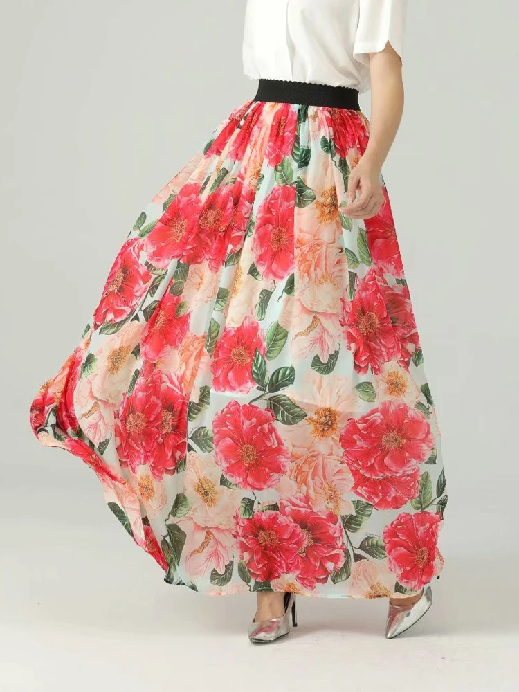 

2021 spring and summer new women's floral length skirt rose flower print elastic waist bohemian skirt