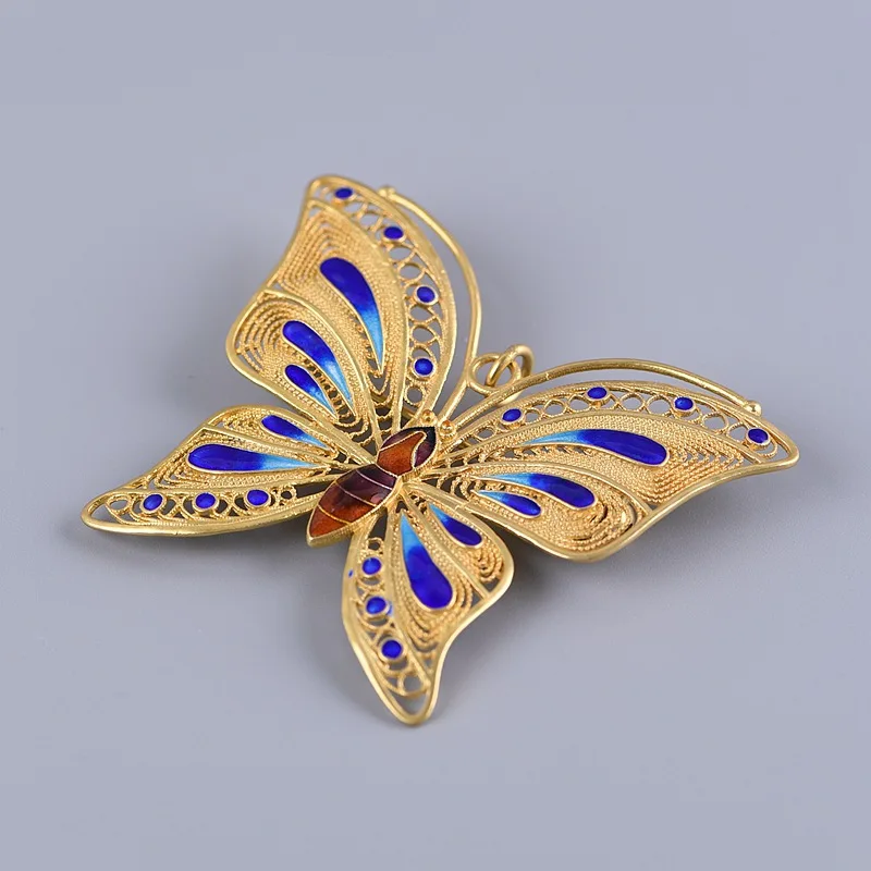 

S925 Silver Burnt Blue Gilded Filigree Butterfly Brooch Pendant Old Beijing Craft Butterfly Woman Brooch Gifts Sweater Pendant